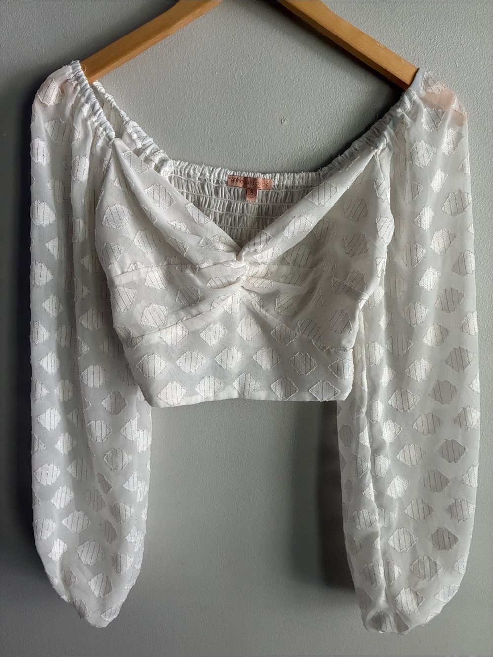 Evolutionary White Swiss Dot Twist Front Crop Top Balloon Sleeve Boho Size S